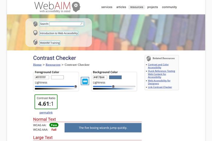 Web page compliance test tool for visually impaired comparing colors